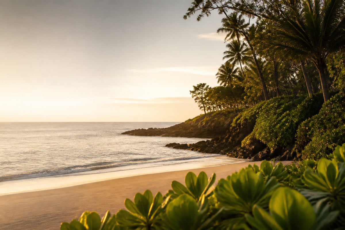 Warm morning light over a quiet Hawaiʻi coastline with green coastal leaves.